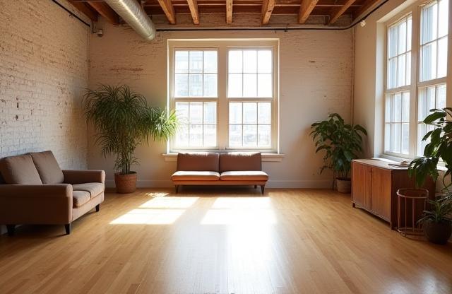 Bright and spacious acting studio interior with wooden floor