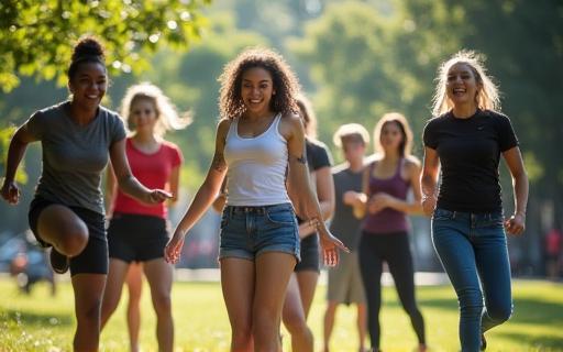 Students participating in an outdoor acting exercise